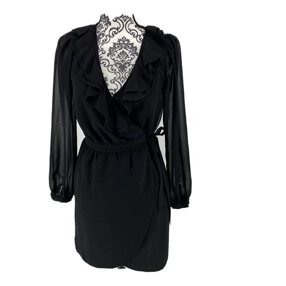 ASOS Black Ruffle Long Sleeve Wrap Dress. Size 4. Fun, Flirty, Sexy - Picture 1 of 10